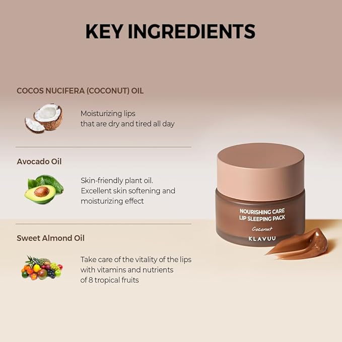 Klavuu Nourishing Care Lip Sleeping Pack(Vanila & Coconut & Berry)-Overnight Exfoliating & Nourishing Lip Treatment Balm for Dry Lips - Natural Moisturizing Lip Oil - Lip Balm to Repair