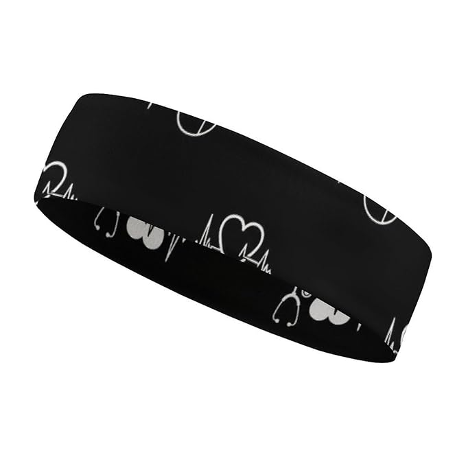 Love Heart Nurse Heartbeat Designed Black And White Headbands for Men & Women Sweat Headband Non Slip Sweatband for Running Cycling Yoga Basketball Workout