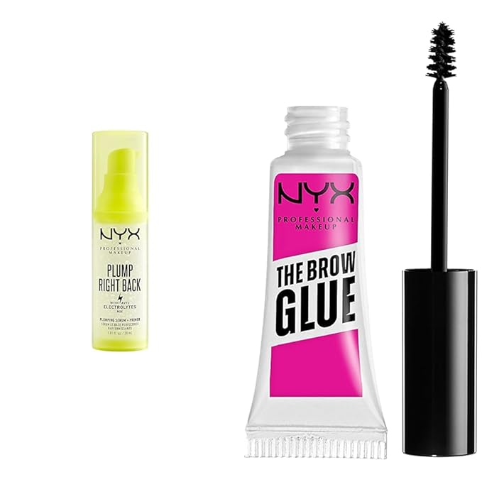 NYX PROFESSIONAL MAKEUP Plump Right Back Plumping Serum & Primer, With Hyaluronic Acid & The Brow Glue, Extreme Hold Eyebrow Gel - Clear