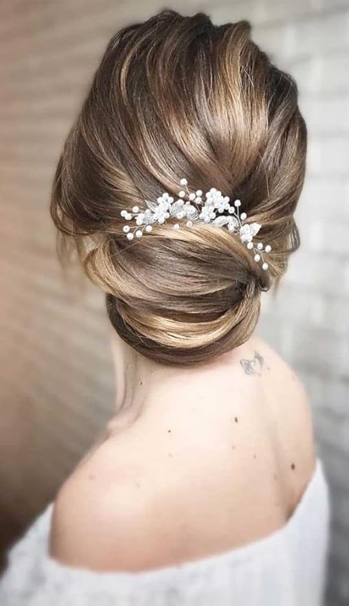 Bridal Hair Accessories, Beusoulover 3 Pieces Silver Hair Pins for Women Wedding, Bridesmaid, Flower Girl, U Shaped Bridal Flower Rhinestone Pearl Hair Pins Hair Vine Hair Piece (Silver)