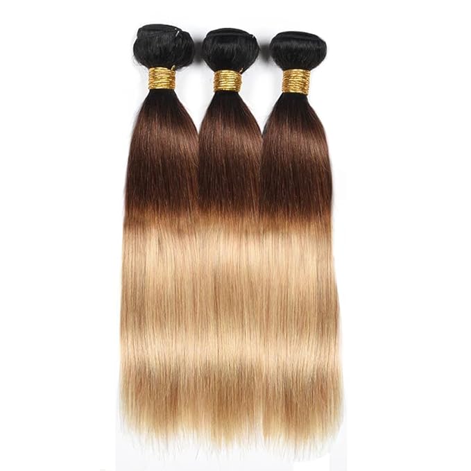 Ombre Bundles Human Hair Brown Straight Bundle Brazilian Virgin Remy Hair 3 Bundles 10 12 14 Inch Niegmeag Double Weft 3 Tone Brown and Honey Blonde Straight Bundle Hair Weave 300g