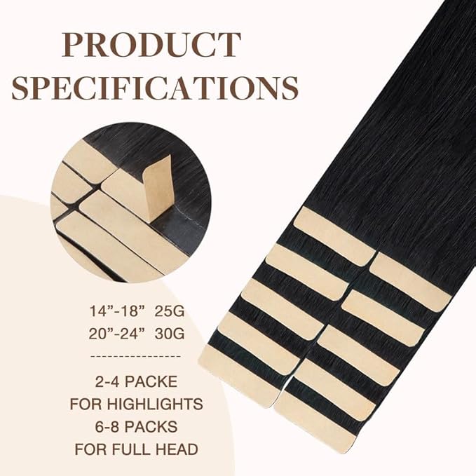 GOO GOO Tape in Hair Extensions Human Hair, 1B Natural black, 24inch 30g 10pcs, Skin Weft Seamless Invisible, Silky Straight with Thick Ends, Remy Human Hair