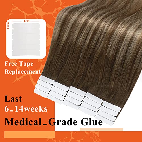 Full Shine Human Hair Tape in Extensions 16inch Brown Balayage Hair Extensions Tape in Brown to Blonde Ombre Highlights Human Extensions Glam Seamless 20Pcs 50Grams