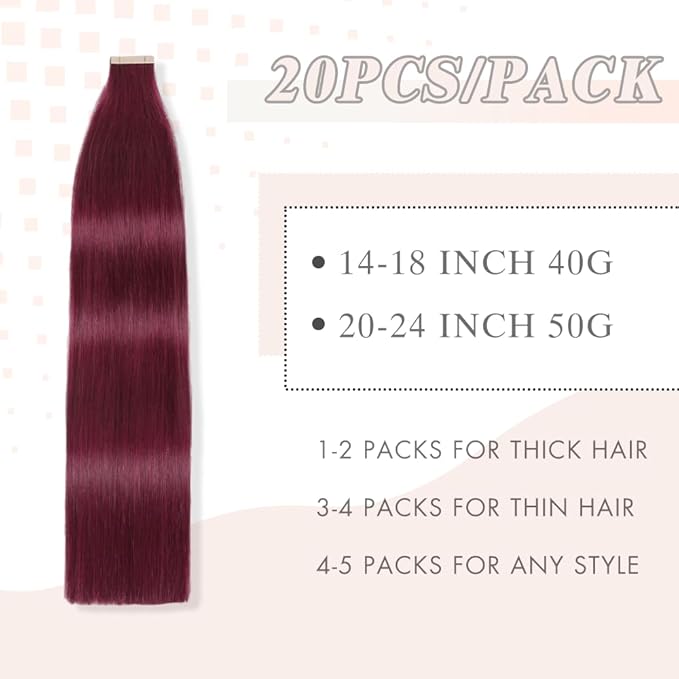 Burgundy Tape in Hair Extensions Human Hair, 20pcs 16 Inch Remy Hair Extensions Straight Human Hair Tape in Extensions Skin Weft Tape Extensions Human Hair (99J#,16 Inch)