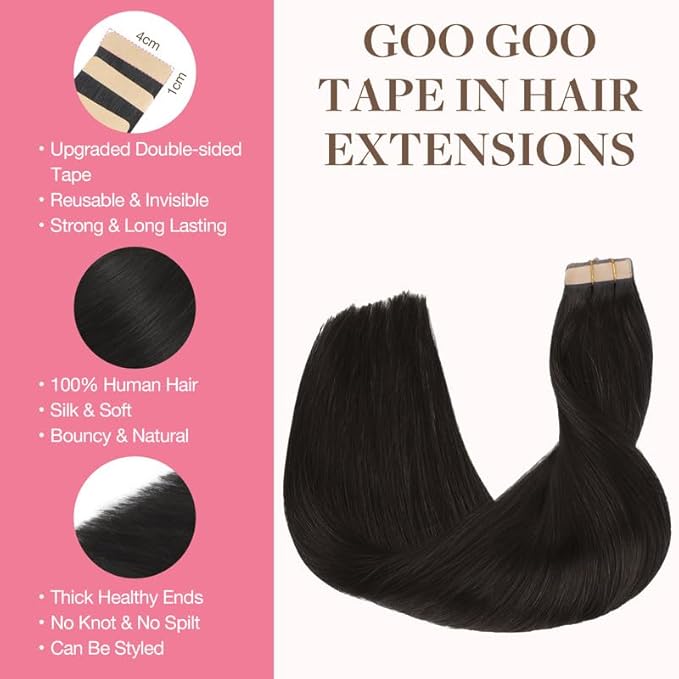 GOO GOO Tape in Hair Extensions Human Hair, 1B Natural black, 16inch 100g 40pcs, Skin Weft Seamless Invisible, Silky Straight with Thick Ends, Remy Human Hair