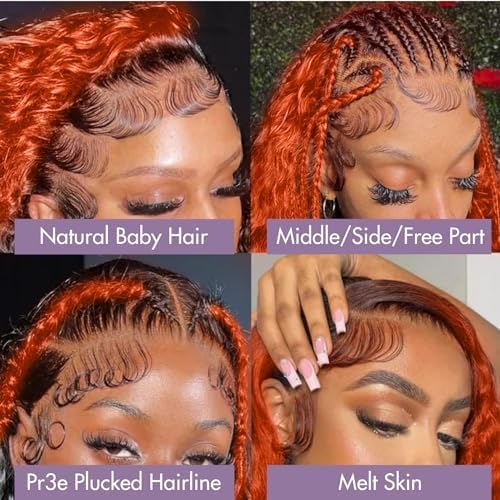 250 Density Curly Lace Front Wigs Human Hair Pre Plucked Hairline Glueless Wig 13x6 HD Lace Frontal Wigs for Women Ginger Orange Colored Ombre Wig Brazilian Virgin Hair 26inch