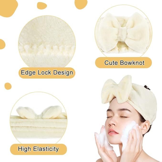 Shintop Spa Headband Soft Carol Fleece Makeup Headband with Cute Bow Elastic Hairand for Washing Face Skincare Facial Mask Bath Gift（Creamy White）