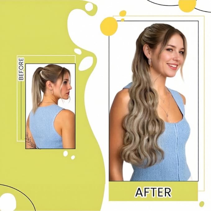 RUNATURE Ponytail Extension Human Hair Balayage Blonde Short Ponytail Human Hair Extensions Clips 12 Inch 70g Ombre Walunt Brown Fading to Ash Brown with Light Blonde Pony Tail Hair Extension Short
