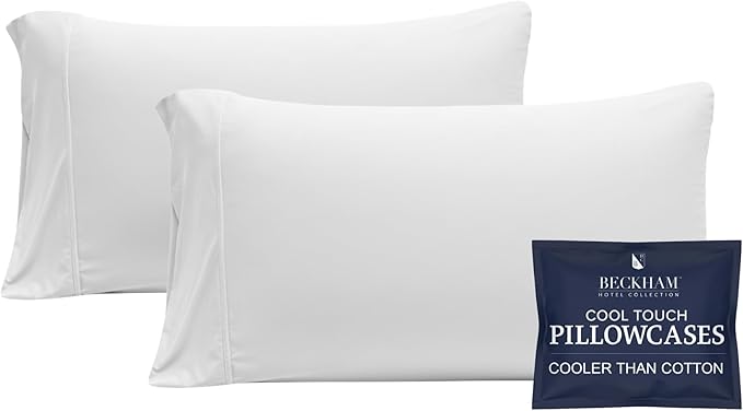 Beckham Hotel Collection Cooling Pillowcases for Hot Sleepers, Standard/Queen Size Set of 2, Cool Bedding, Envelope Closure, Silky Soft, Breathable, Moisture-Wicking, White