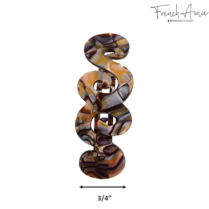 French Amie Swirls Onyx Silver Grey 3” Celluloid Handmade Hair Clip Barrette with Silver Clasp for Women and Girls, Made in France