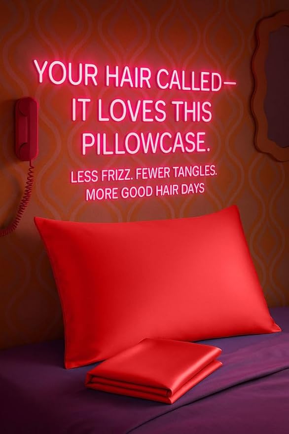 BLISSFORD Satin Pillowcase with Zipper, for Hair and Skin Care, Feels Soft and Cool Like a Silk Pillowcase, Red Satin Pillow Cases Set of 2, Slik Pillow Cover, King Size - 2 Pack