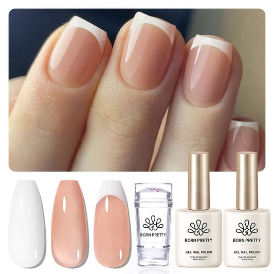 Born Pretty French Manicure Kit, Nail Stamper and 2Pcs Gel Nail Polish, Include Jelly Natural Pink White Colors for French Tip, U V Light Cure