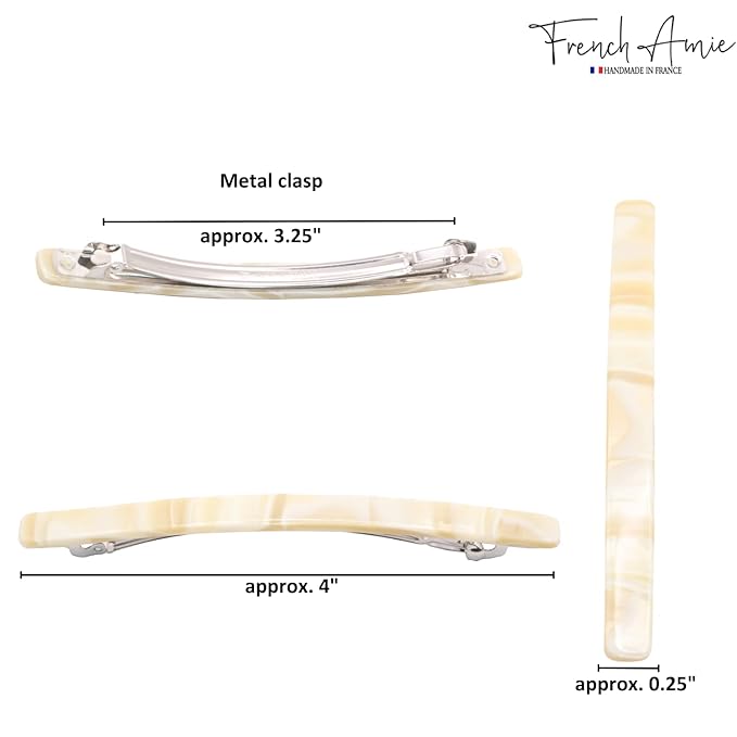 French Amie Long and Thin Large 4" Handmade Celluloid Hair Barrette Clip for Girls Automatic Strong Hold Hair Clips for Women No Slip Durable Paris Hair Accessories, Made in France (Cream Nougat)
