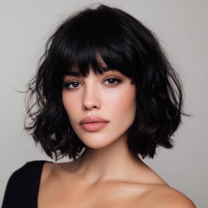 Short Black Bob Wig With Bangs Synthetic Natural Hair Wigs for Women Shoulder Length Wavy Wig 1B Water Wave(14Inches)