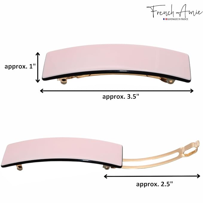 French Amie Fine 1" Wide Rectangular Celluloid Handmade Blush Pink with Black Edges Automatic Hair Barrettes for Women French Hair Clips
