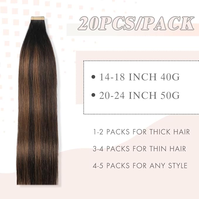 Human Hair Tape in Extensions, Balayage Natural Black Mixed Chestnut Brown Hair Extensions Real Human Hair 20 Inch 20pcs Remy Straight Tape in Hair Extensions Human Hair (1B/1B/6#,20 Inch)