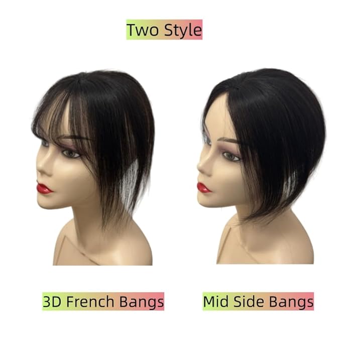 Anemone No Clips Human Hair Topper Piece Fringe Bangs for Women Wrap-Around Magic Paste with Invisible Lace for Natural Hair Loss Coverage (1B Lace French Bangs)