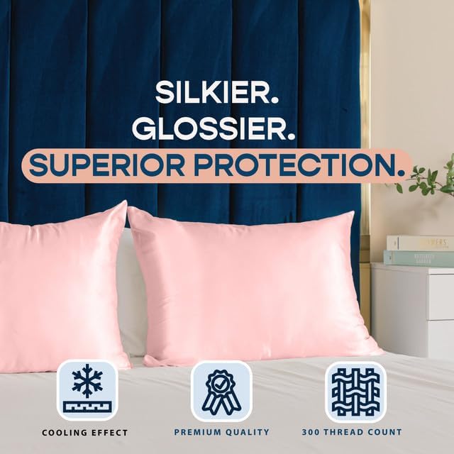 BLISSFORD Pink Satin Pillowcase with Zipper, for Hair and Skin Care, Feels Soft and Cool Like a Silk Pillowcase, Satin Pillow Cases 2 Pack, Slik Pillow Cover, Queen Size - Set of 2