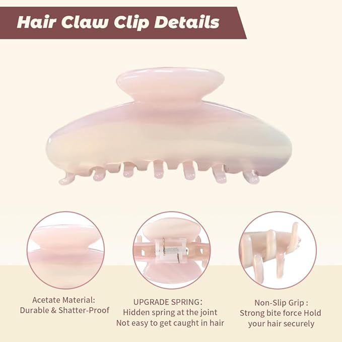 French Hair Claw Clips for Women Grils,4 Inch Strong Hold No Slip Grip Accessories Acetate material,not easily damaged,Thick or Thin Hair (Light Pink)