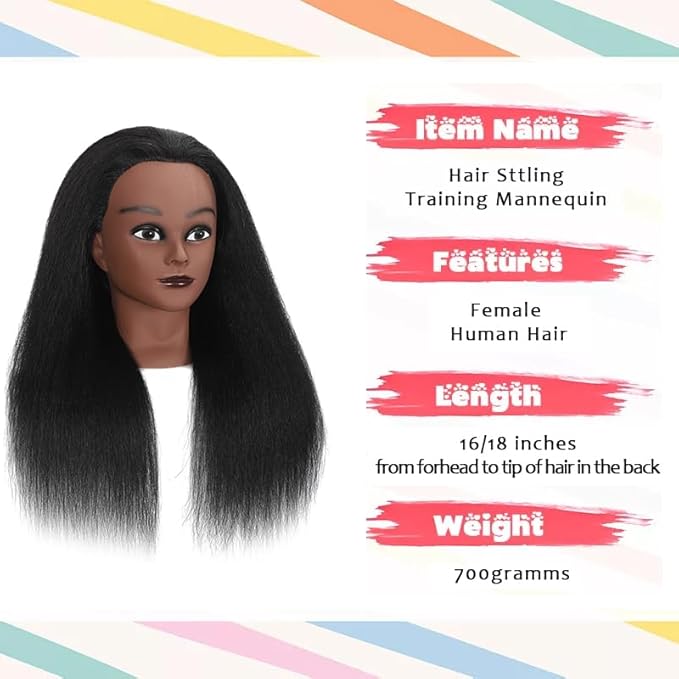 16 Inch 100% Real Hair Mannequin Head Training Head Manikin Cosmetology Doll Head for Hairdresser Practice Braiding Hair Styling with Clamp stand (16 -Inch)