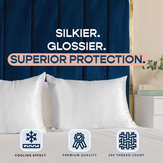 BLISSFORD Satin Pillowcase with Zipper for Hair and Skin Care, Feels Soft and Cool Like a Silk Pillowcase, White Satin Pillow Cases 2 Pack, Slik Pillow Cover, Queen Size - Set of 2