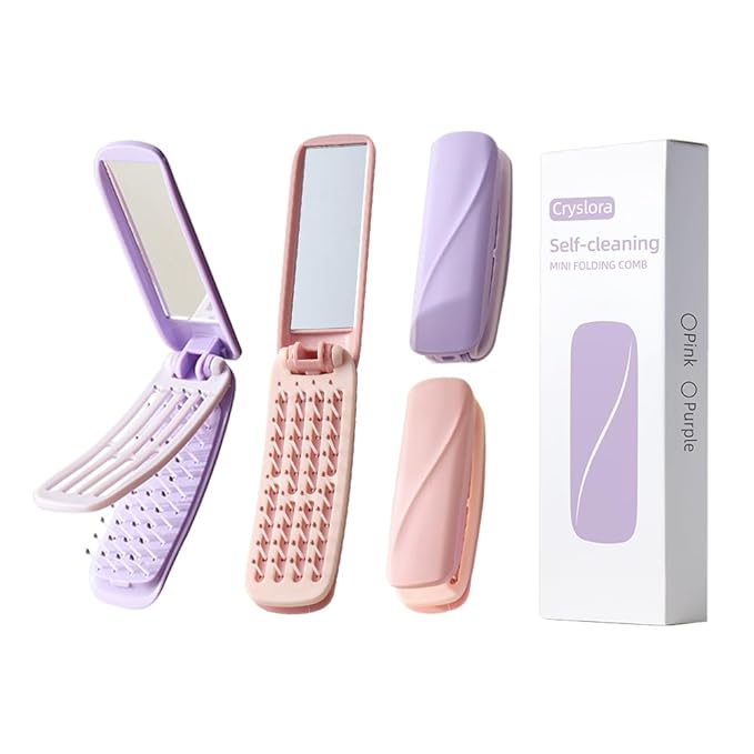 4 Pcs Foldable Travel Hair Brush, Compact and Lightweight with Mirror, Self-Cleaning Design, Mini Hair Detangle Comb with Soft Bristles, Small Pocket Brush for Purse