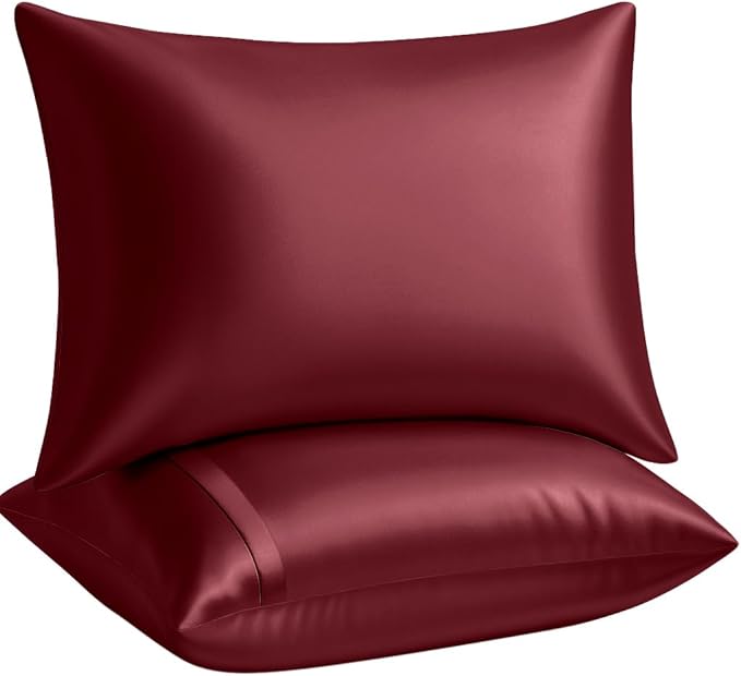 BLISSFORD Satin Pillowcase with Zipper, for Hair and Skin Care, Feels Soft and Cool Like a Silk Pillowcase, Satin Pillow Cases 2 Pack, Slik Pillow Cover, Burgundy, Standard, Set of 2