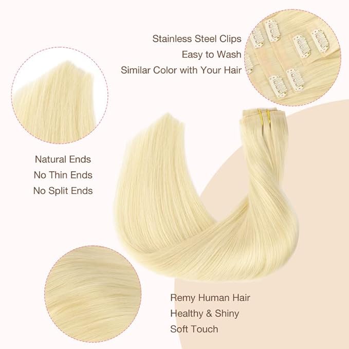 GOO GOO Clip in Hair Extensions Real Human Hair, Remy Human Hair Extensions Clip ins for Women, Natural Human Hair, 20inch 110g 7Pcs, 613R Bleach Blonde