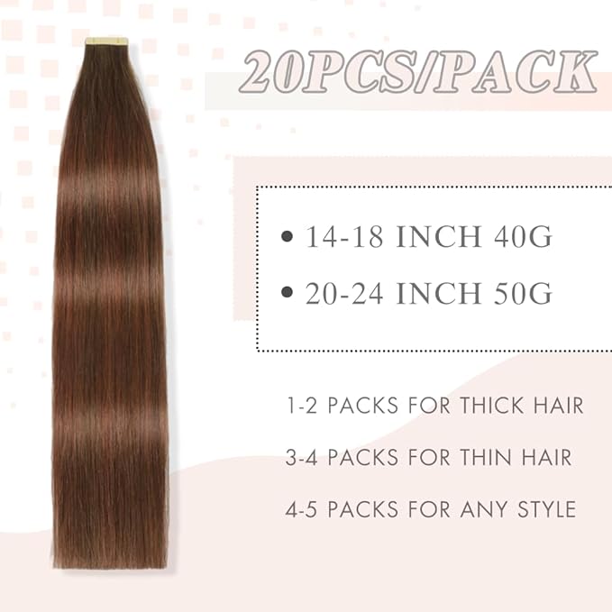 Human Hair Tape in Extensions Chestnut Brown Mixed Dark Auburn 22 Inch 20pcs Seamless Skin Weft Tape in Hair Extensions Double Sided Invisible Tape in Hair Extensions Human Hair (4/4/33#,22 Inch)