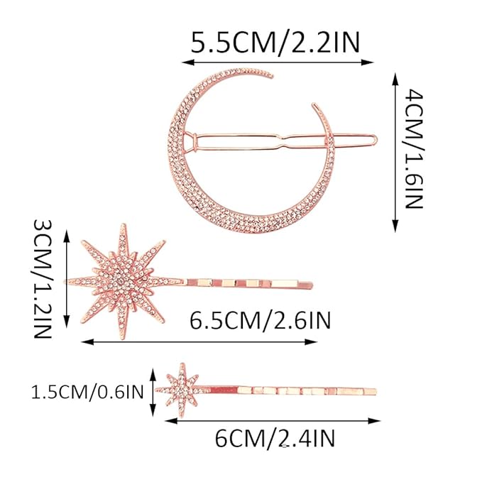 BARTOSI Moon Star Hair Clips Rose Gold Rhinestone Hair Pins Crystal Bobby Pins Bride Wedding Celestial Hair Accessories for Women and Girls (Pack of 3)