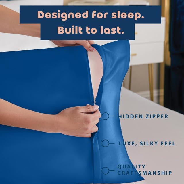 BLISSFORD Royal Blue Satin Pillowcase with Zipper, for Hair and Skin Care, Feels Soft and Cool Like a Silk Pillowcase, Satin Pillow Cases, Slik Pillow Cover, Standard Size - 2 Pack