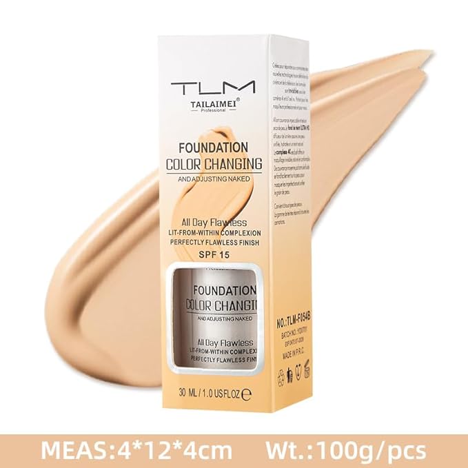 TLM Foundation Color Changing,TLM Colour Changing Liquid Foundation Hides Wrinkles & Lines,BB Cream Makeup Base Concealer Cover Moisturizing Fluid for all Skin Tone SPF15(30ML)
