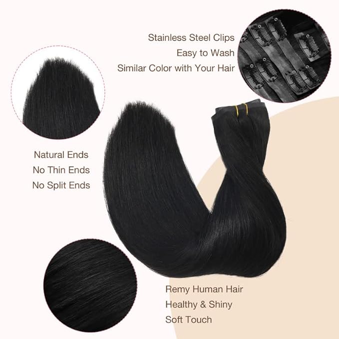 GOO GOO Clip in Hair Extensions Real Human Hair, Remy Human Hair Extensions Clip ins for Women, Natural Human Hair, 18inch 110g 7Pcs, 1 Jet black