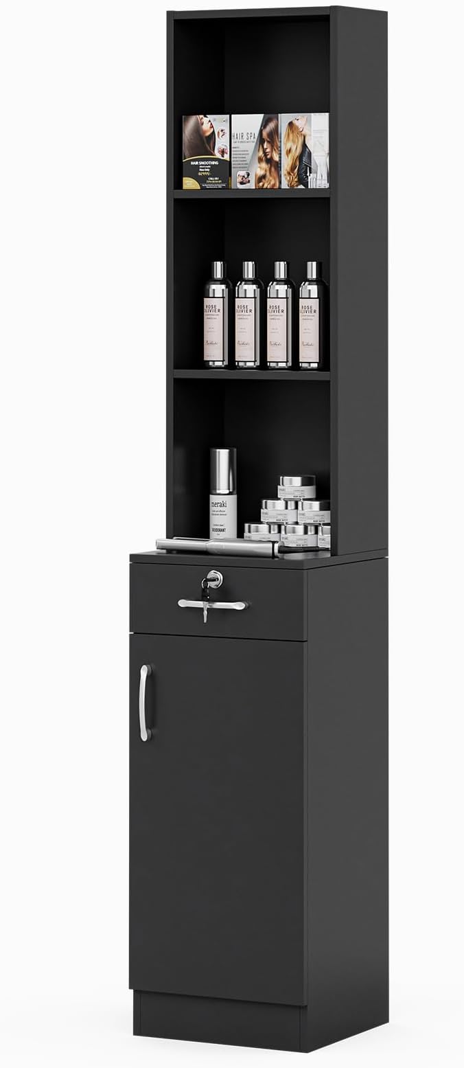 Wall Mount Salon Stations for Hair Stylist, Hair Salon Storage Cabinet, Beauty Barber Station with Lockable Drawer, Shelves, Storage Cabinet, Black