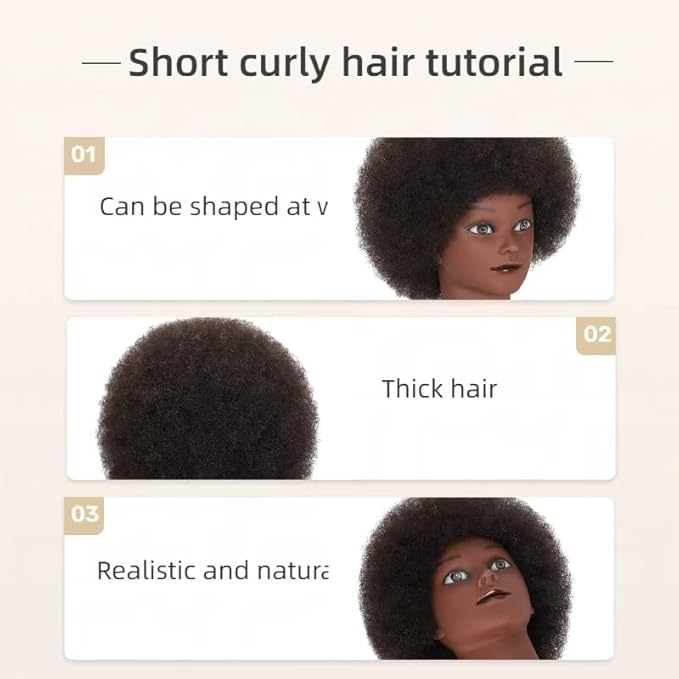 100% Real Hair Mannequin Head Training Head Manikin Cosmetology Doll Head for Hairdresser Practice Braiding Hair Styling with Clamp stand 8inch