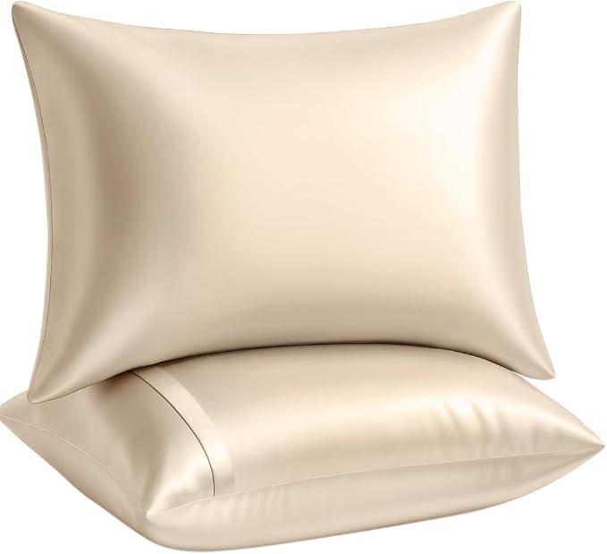BLISSFORD Satin Pillowcase with Zipper, for Hair and Skin Care, Feels Soft and Cool Like a Silk Pillowcase, Satin Pillow Cases 2 Pack, Slik Pillow Cover, Light Beige - Queen Size, Set of 2