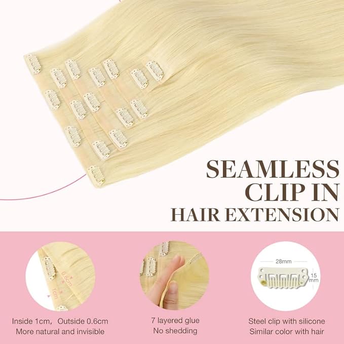 GOO GOO Clip in Hair Extensions Real Human Hair, Remy Human Hair Extensions Clip ins for Women, Natural Human Hair, 20inch 110g 7Pcs, 613R Bleach Blonde