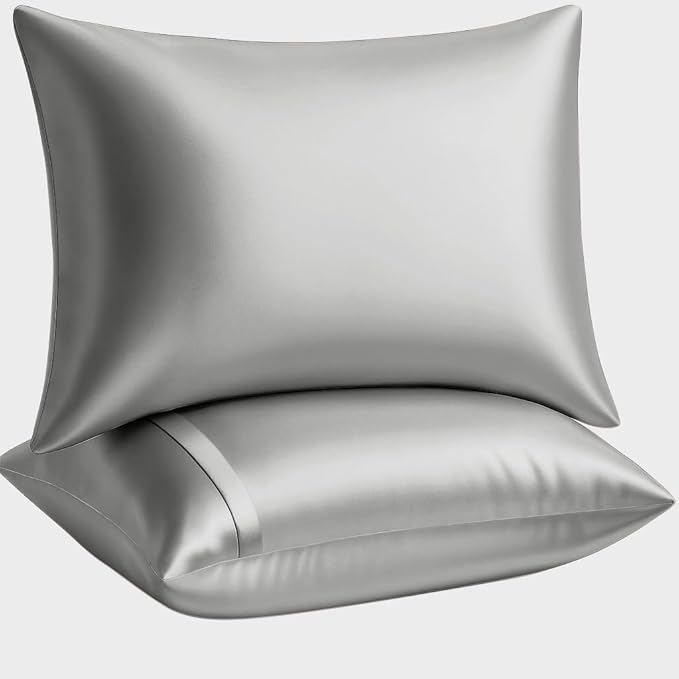 BLISSFORD Satin Pillowcase with Zipper, for Hair and Skin Care, Feels Soft and Cool Like a Silk Pillowcase, Satin Pillow Cases 2 Pack, Slik Pillow Cover, Grey - Standard Size - Set of 2