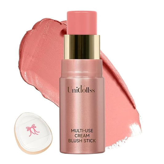 Multi-Use Makeup Cream Blush Stick, Unidollss 3-in-1 Buildable Blush Stick for Cheeks, Eyes, and Lips, Hydrating formula, All day wear, Easy Application with Thumb Puff Included (01 WHISPER)