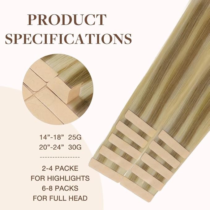 GOO GOO Tape in Hair Extensions Human Hair, 16/22 Light Blonde Highlighted Golden Blonde, 16inch 25g 10pcs, Skin Weft Seamless Invisible, Silky Straight with Thick Ends, Remy Human Hair