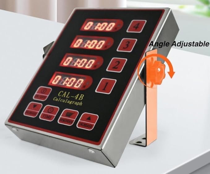 Commercial Kitchen Timer, 4-Channel Digital Timer for Cooking, Loud Alarm Volume +/-, Food Truck Restaurant Supplies, Heavy Duty Stainless Steel Large Timers with Waterproof Panel & Memory Function