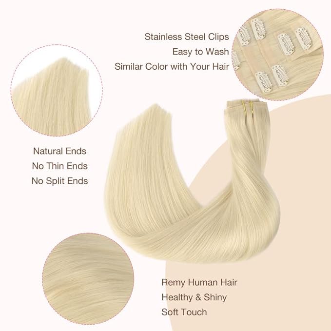GOO GOO Clip in Hair Extensions Real Human Hair, Remy Human Hair Extensions Clip ins for Women, Natural Human Hair, 16inch 110g 7Pcs, 60A Platinum Blonde