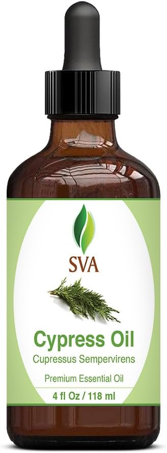 SVA Cypress Essential Oil – 4 Fl Oz – 100% Natural Cypress Oil - for Diffuser, Hair Care, Face, Skin Care, Aromatherapy, Scalp and Body Massage, Soap and Candle Making – with Dropper