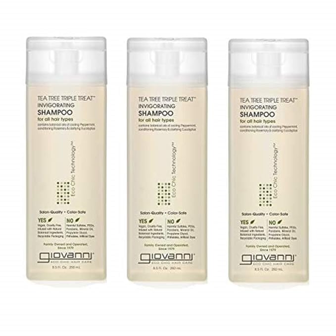 GIOVANNI Tea Tree Triple Treat Invigorating Shampoo - Cooling Peppermint, Eucalyptus & Rosemary, Strengthen & Rejuvenate Hair & Scalp, Salon Quality, Paraben Free, Tea Tree Shampoo - 8.5 oz (3 Pack)