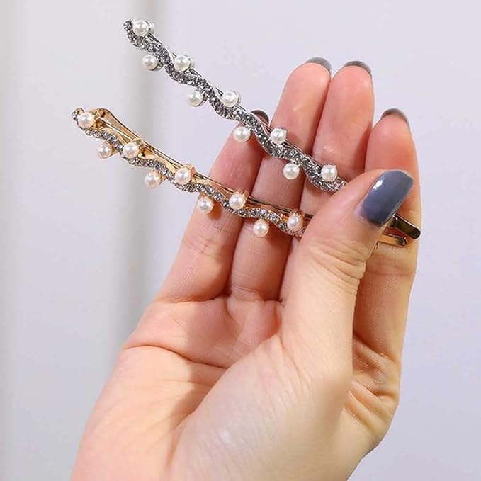 WHITEBRIDGE 8pcs Rhinestone and Pearl Bobby Pins Metal Hair Clips Sparkling HairClip for Women Girls Gold and Silver Diamond Hair Pins