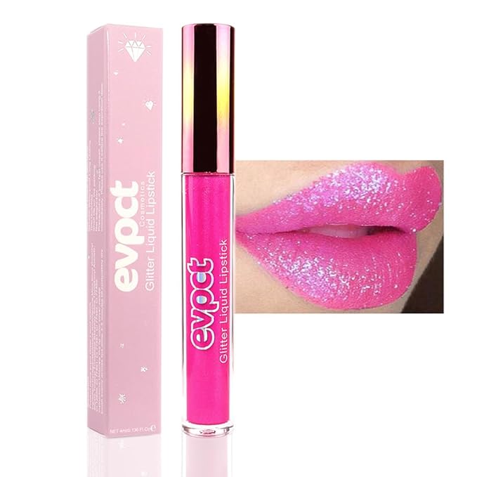evpct 1Pcs Hot Pink Glitter Metallic Shimmer Diamond Lipstick Lip Gloss for Women Long Lasting Waterproof, Light Bright Rose Pink Sparkle Glitter Matte Liquid Lipstick Lip Makeup Kit, 11#