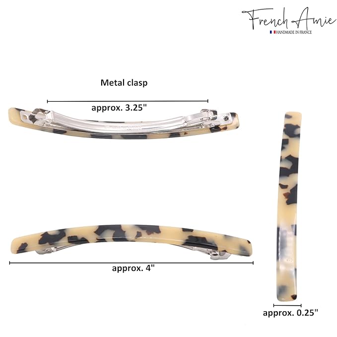 French Amie Long and Thin White Tokyo Large 4” Handmade Celluloid Automatic Hair Clip Barrette for Women and Girls (White Tokyo)
