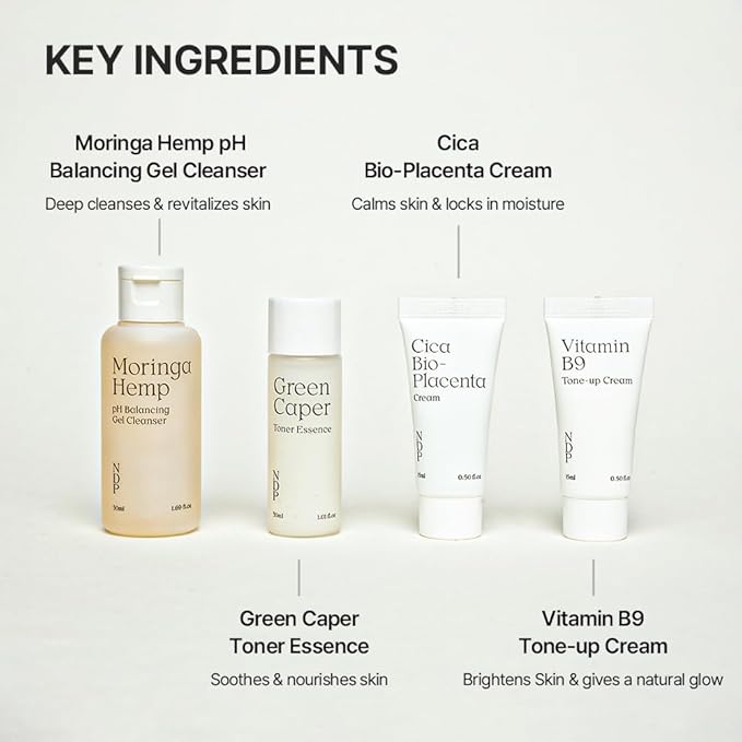 Travel Kit - Mini Travel Size Skincare Essentials - Moringa Hemp Gel Cleanser, Green Caper Toner Essence, Cica Bio-Placenta Cream, B9 Tone-Up Cream (4 items)