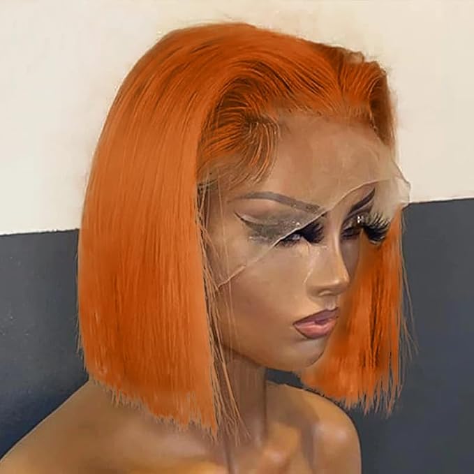 250% Density Ginger Bob Lace Front Wig Human Hair 13x4 Orange HD Lace Closure Human Hair Wig Pre Plucked with Baby Hair Short Ginger Straight Bob Colored Wig for Women 16 Inch