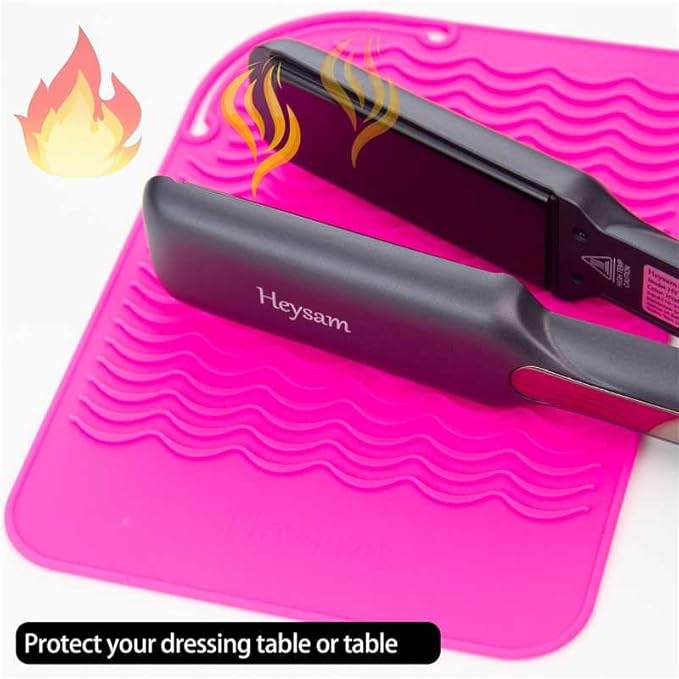Heysam Professional Heat-Resistant Mat for Straighteners and Curling Irons, Portable Heat Tool Protector, Silicone Material-Protects Your Vanity, Standard Size: 9"x6.5"-Rose Red